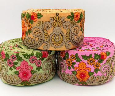 Peach Art Silk Fabric Trim With Orange, Green, Red And Gold Floral Embroidery